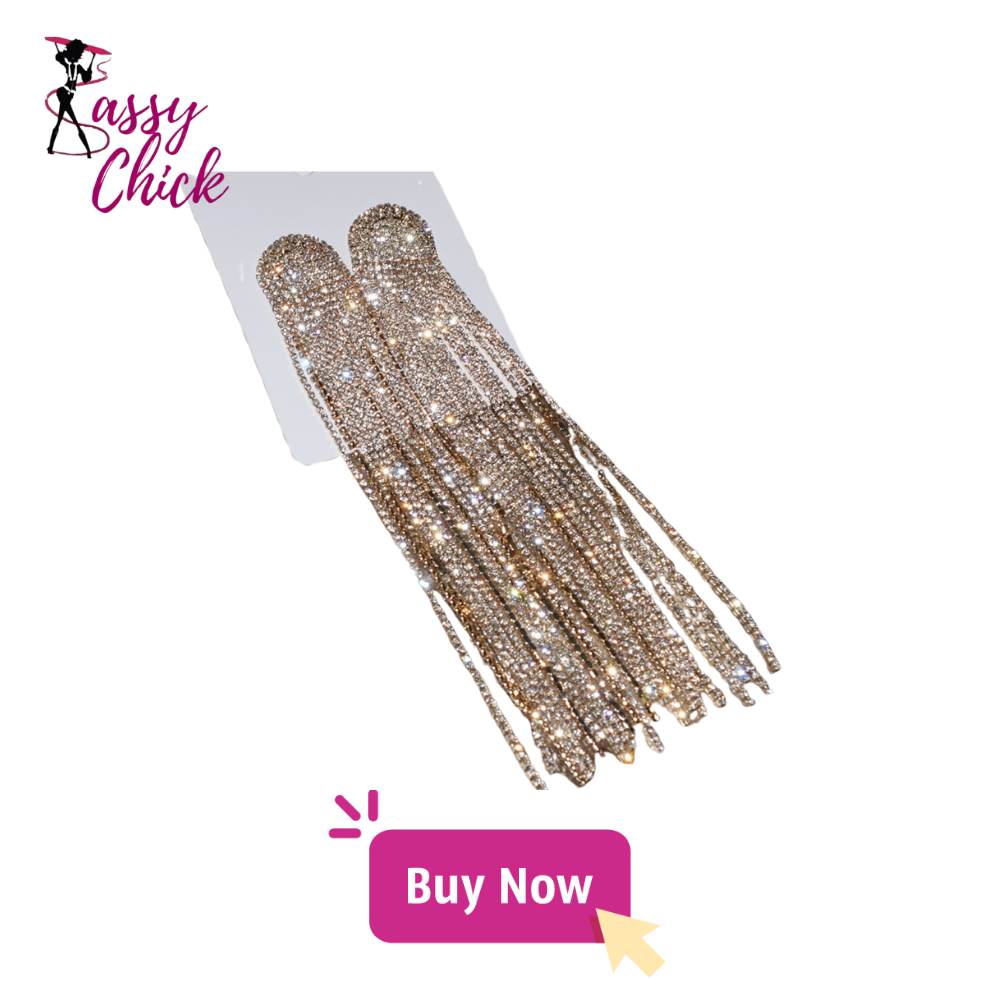 Pink Full Rhinestone Long Tassel Earrings