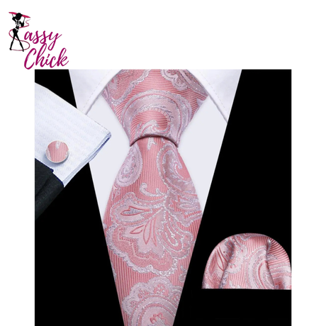 Pink Jacquard Peach Silk Pocket Square Cufflinks Set Necktie Sassy Chick Logo