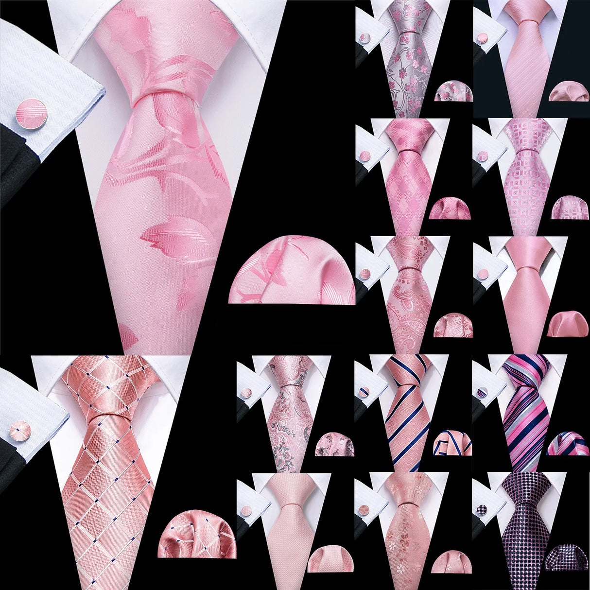 Collection of Pink Jacquard Peach Silk Pocket Square Cufflinks Set Necktie
