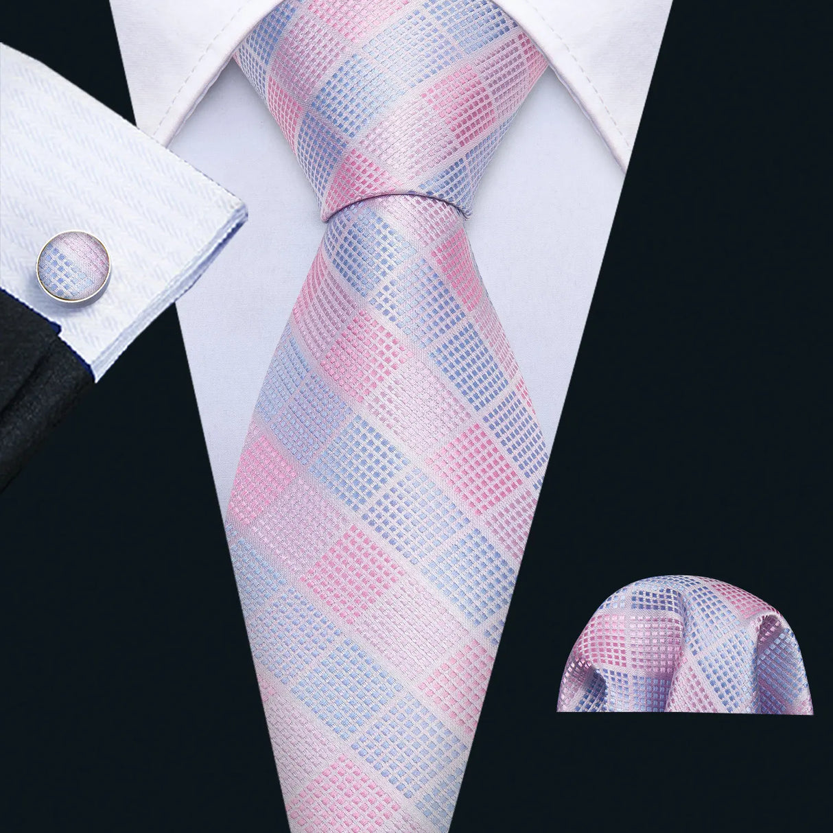 Pink Jacquard Peach Silk Pocket Square Cufflinks Set Necktie
