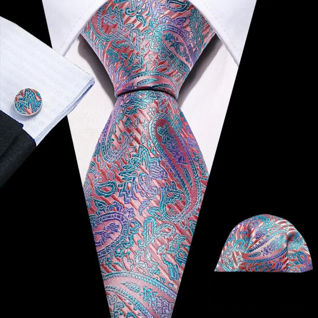 Pink Jacquard Peach Silk Pocket Square Cufflinks Set Necktie