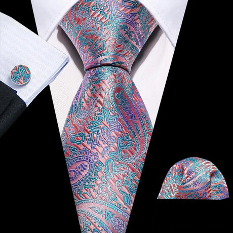Pink Jacquard Peach Silk Pocket Square Cufflinks Set Necktie