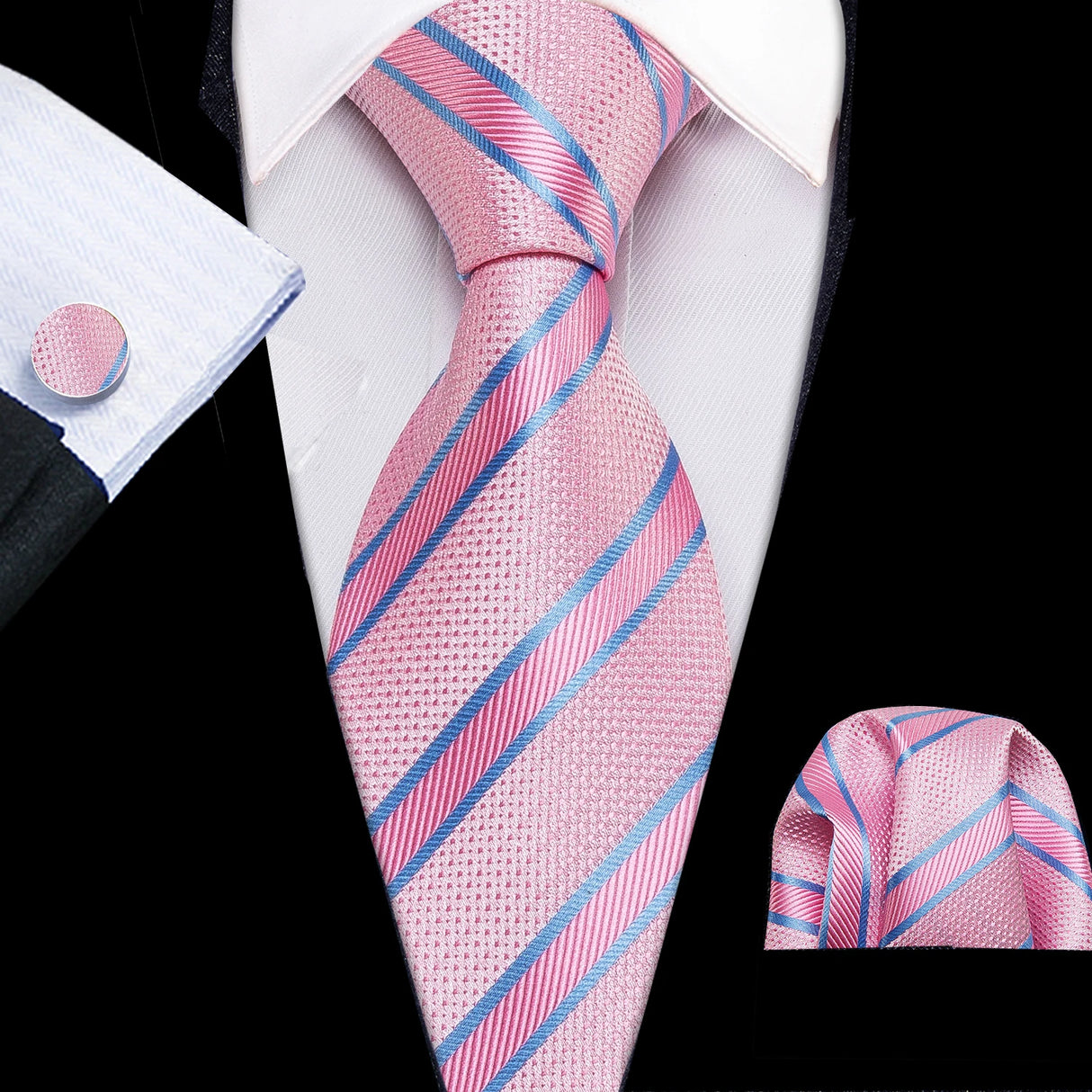 Pink Jacquard Peach Silk Pocket Square Cufflinks Set Necktie
