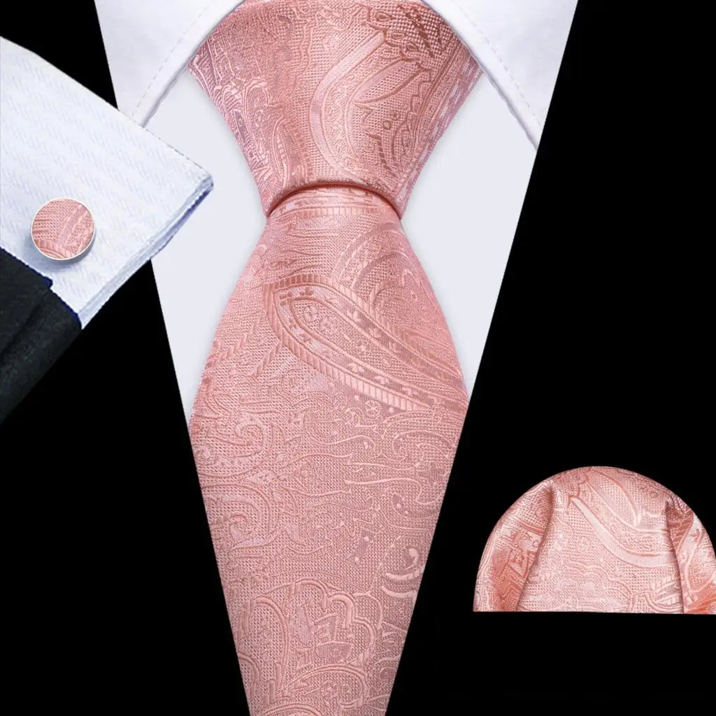 Pink Jacquard Peach Silk Pocket Square Cufflinks Set Necktie
