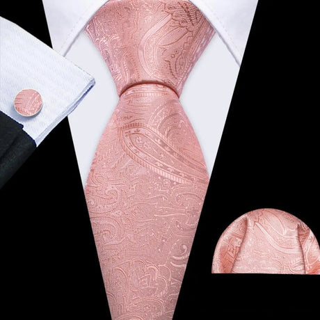 Pink Jacquard Peach Silk Pocket Square Cufflinks Set Necktie