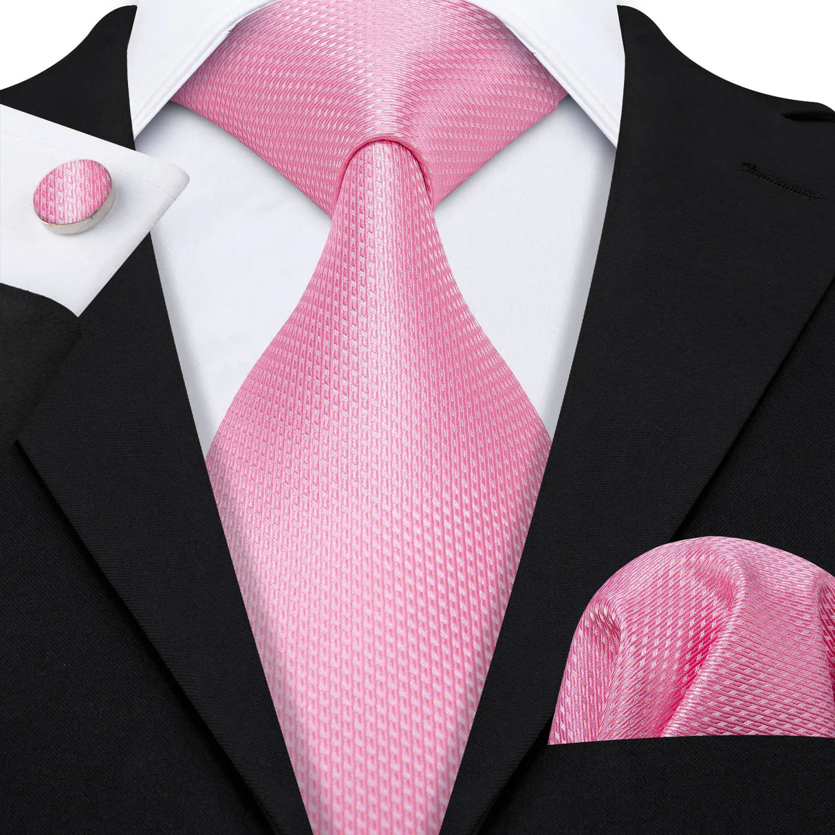 Pink Jacquard Peach Silk Pocket Square Cufflinks Set Necktie