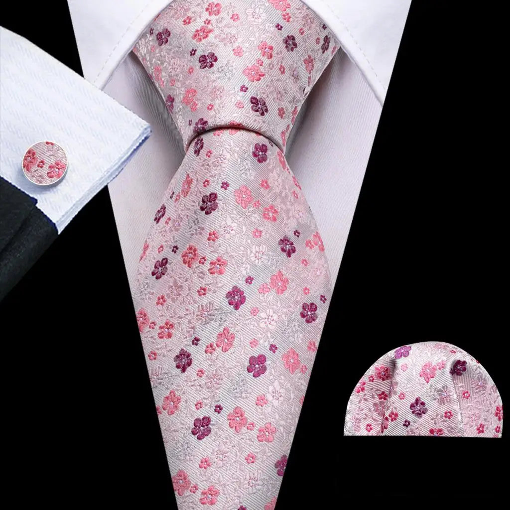 Pink Jacquard Peach Silk Pocket Square Cufflinks Set Necktie