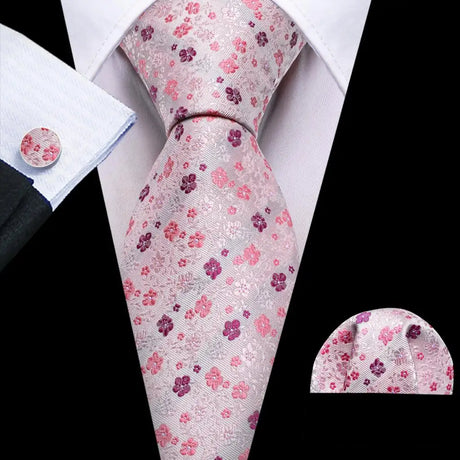 Pink Jacquard Peach Silk Pocket Square Cufflinks Set Necktie