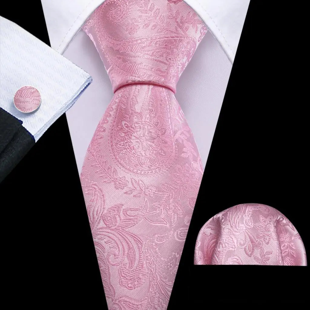 Pink Jacquard Peach Silk Pocket Square Cufflinks Set Necktie