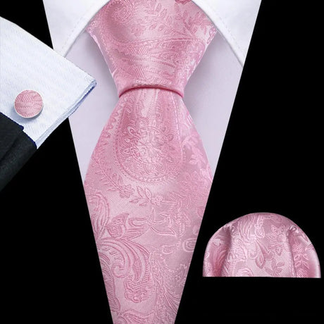 Pink Jacquard Peach Silk Pocket Square Cufflinks Set Necktie