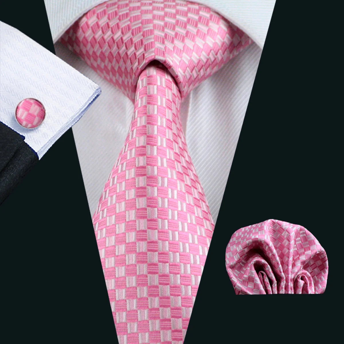 Pink Jacquard Peach Silk Pocket Square Cufflinks Set Necktie
