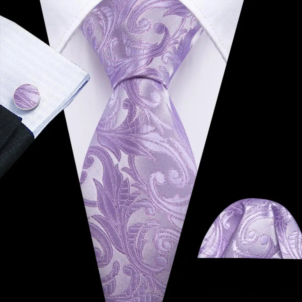 Purple Pink Jacquard Peach Silk Pocket Square Cufflinks Set Necktie