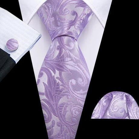 Purple Pink Jacquard Peach Silk Pocket Square Cufflinks Set Necktie