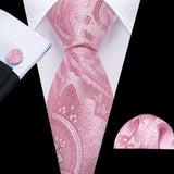 Pink Jacquard Peach Silk Pocket Square Cufflinks Set Necktie