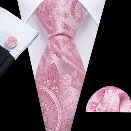 Pink Jacquard Peach Silk Pocket Square Cufflinks Set Necktie