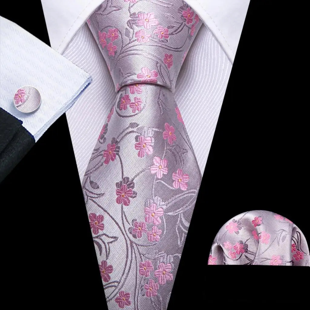 Pink Jacquard Peach Silk Pocket Square Cufflinks Set Necktie