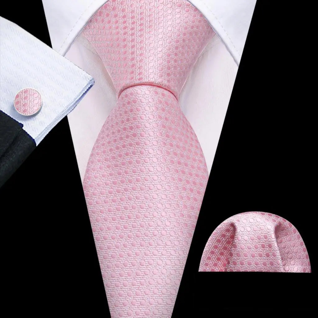 Pink Jacquard Peach Silk Pocket Square Cufflinks Set Necktie