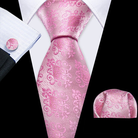 Pink Jacquard Peach Silk Pocket Square Cufflinks Set Necktie