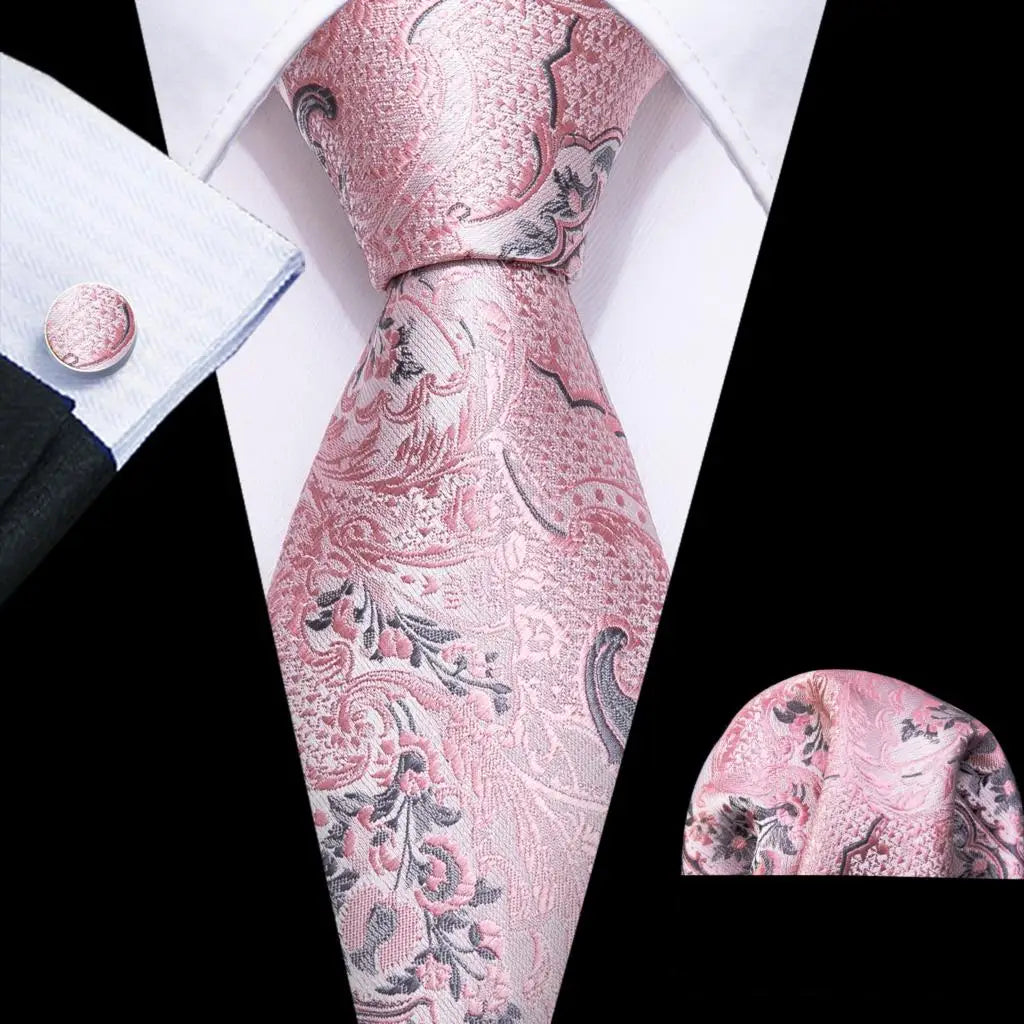 Pink Jacquard Peach Silk Pocket Square Cufflinks Set Necktie