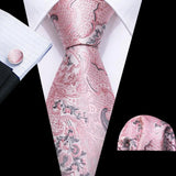 Pink Jacquard Peach Silk Pocket Square Cufflinks Set Necktie