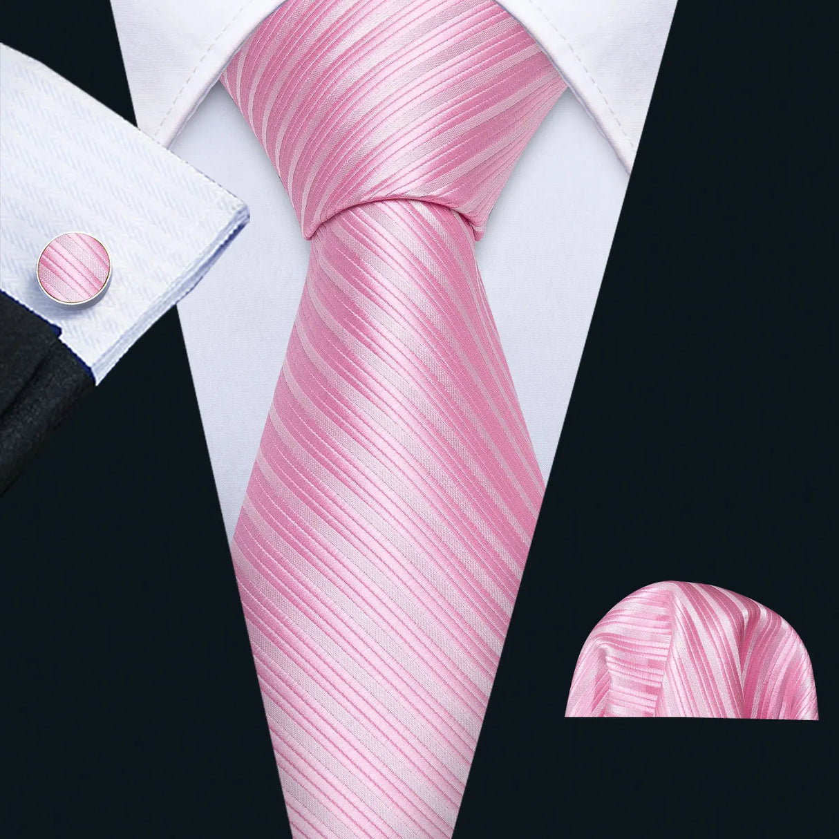 Pink Jacquard Peach Silk Pocket Square Cufflinks Set Necktie
