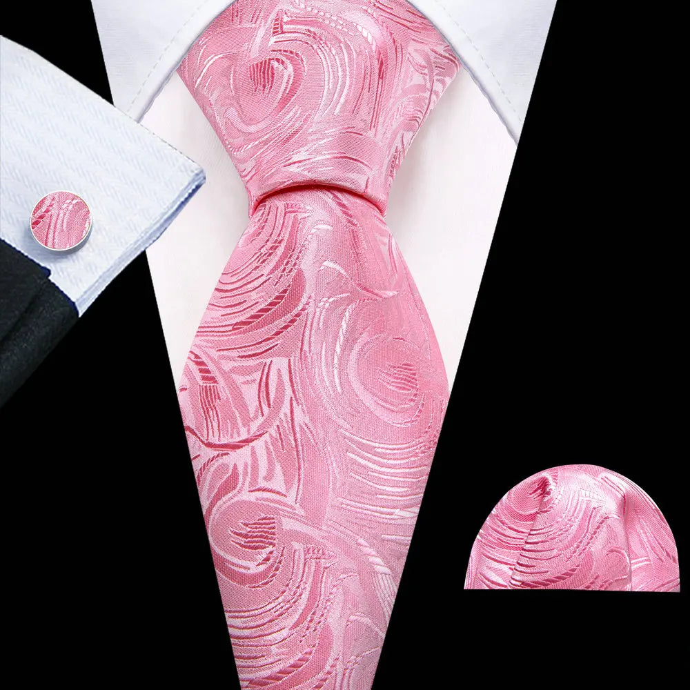 Pink Jacquard Peach Silk Pocket Square Cufflinks Set Necktie