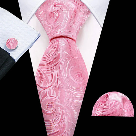 Pink Jacquard Peach Silk Pocket Square Cufflinks Set Necktie