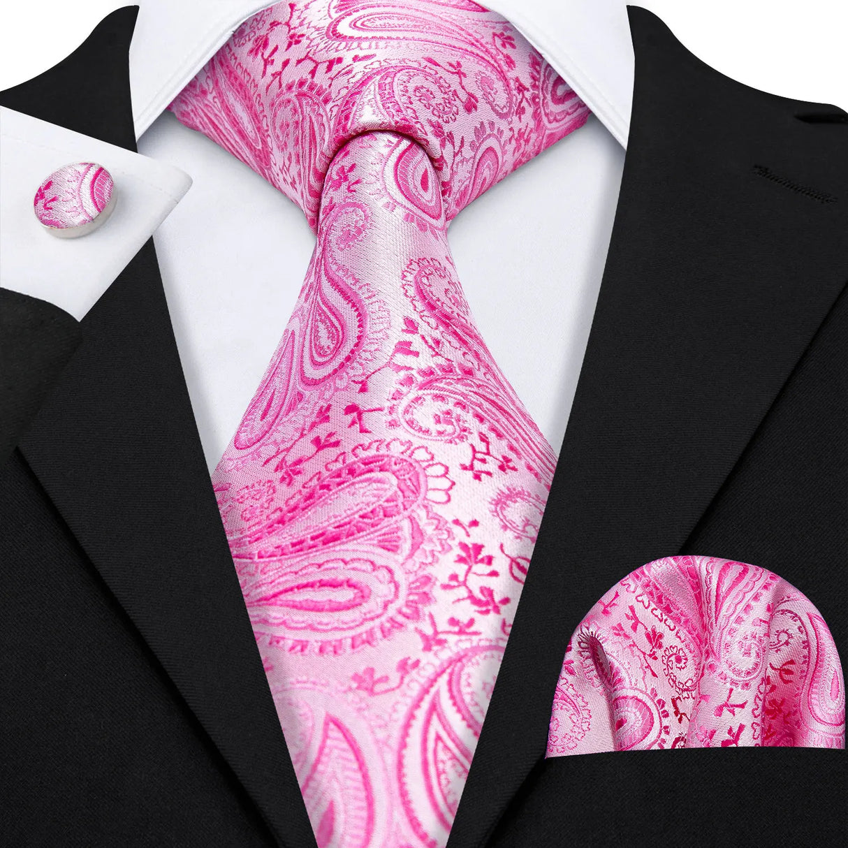 Pink Jacquard Peach Silk Pocket Square Cufflinks Set Necktie