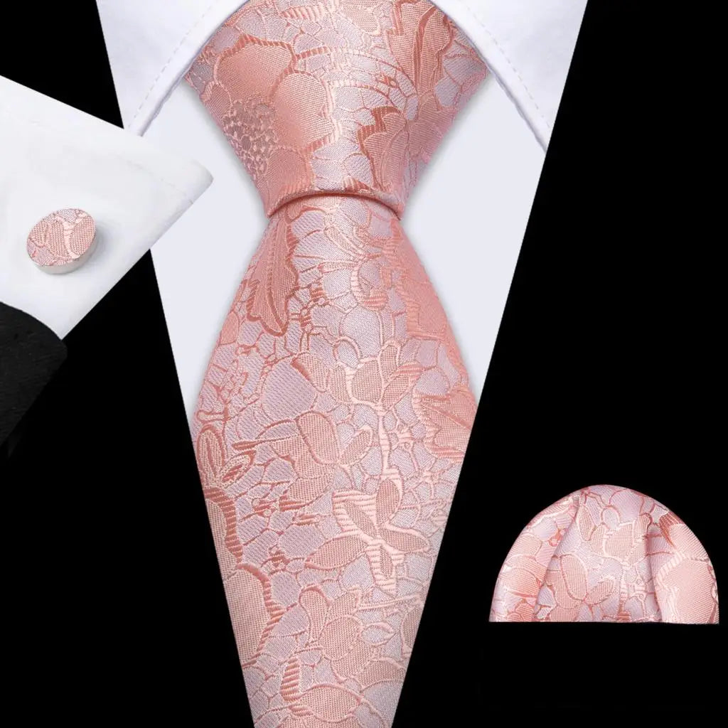 Pink Jacquard Peach Silk Pocket Square Cufflinks Set Necktie