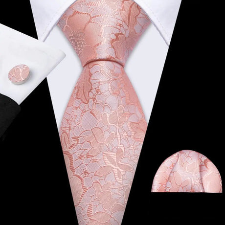 Pink Jacquard Peach Silk Pocket Square Cufflinks Set Necktie