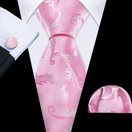 Pink Jacquard Peach Silk Pocket Square Cufflinks Set Necktie