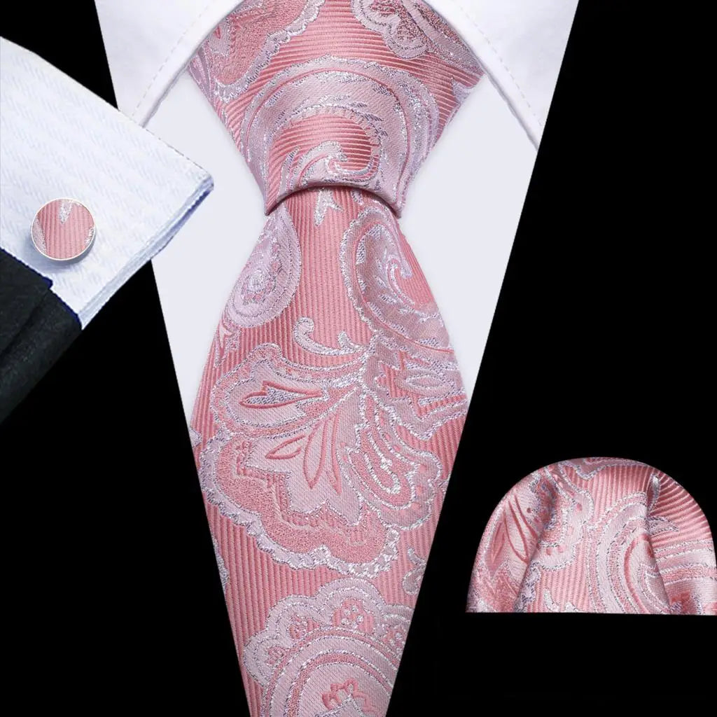 Pink Jacquard Peach Silk Pocket Square Cufflinks Set Necktie