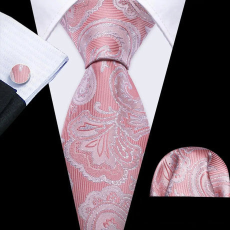 Pink Jacquard Peach Silk Pocket Square Cufflinks Set Necktie