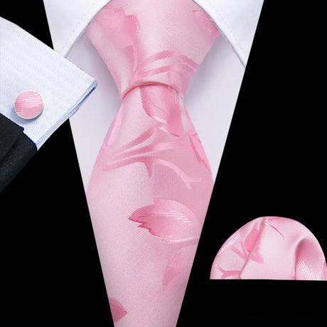 Pink Jacquard Peach Silk Pocket Square Cufflinks Set Necktie