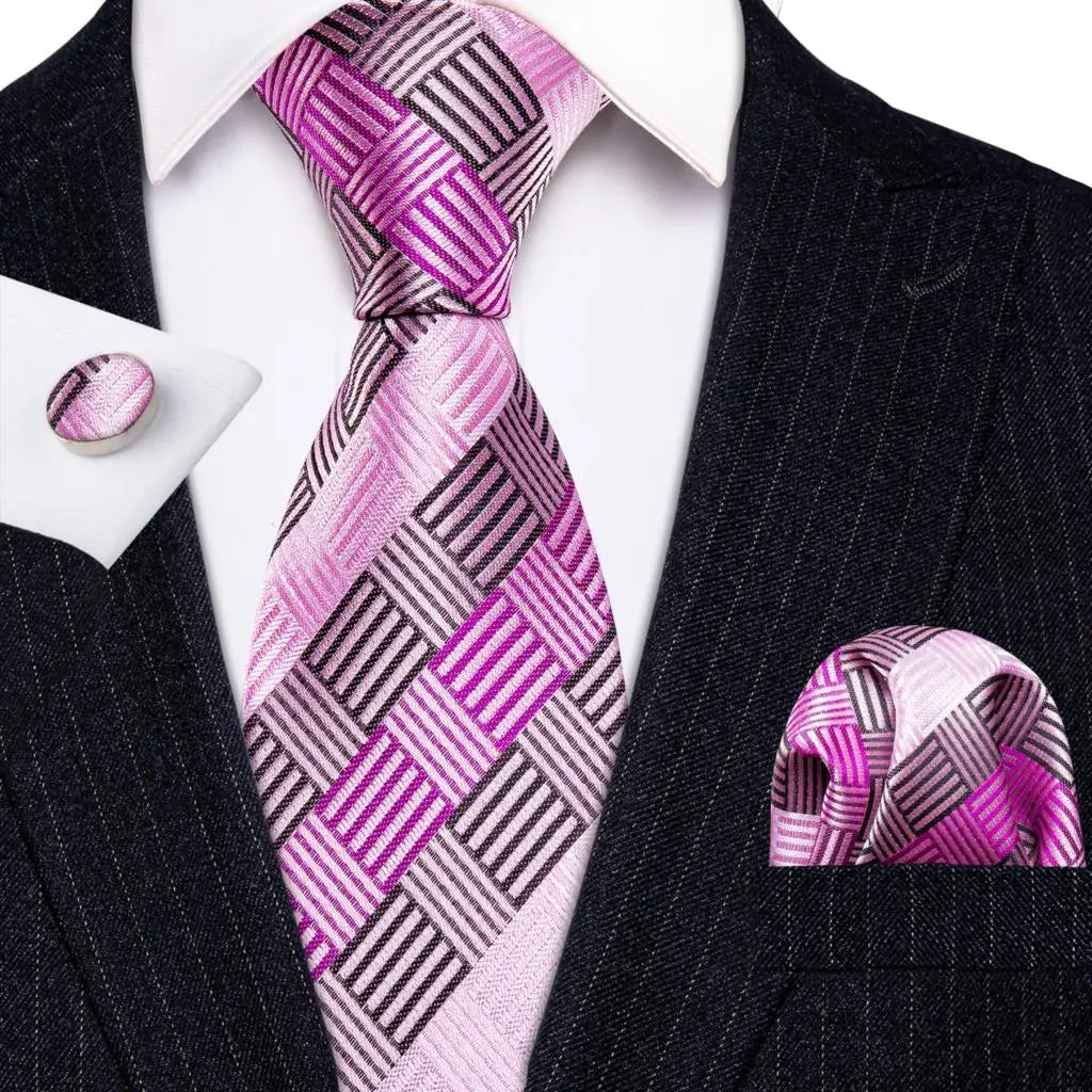 Pink Jacquard Peach Silk Pocket Square Cufflinks Set Necktie