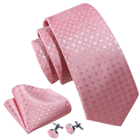 Pink Jacquard Peach Silk Pocket Square Cufflinks Set Necktie