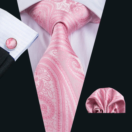 Pink Jacquard Peach Silk Pocket Square Cufflinks Set Necktie