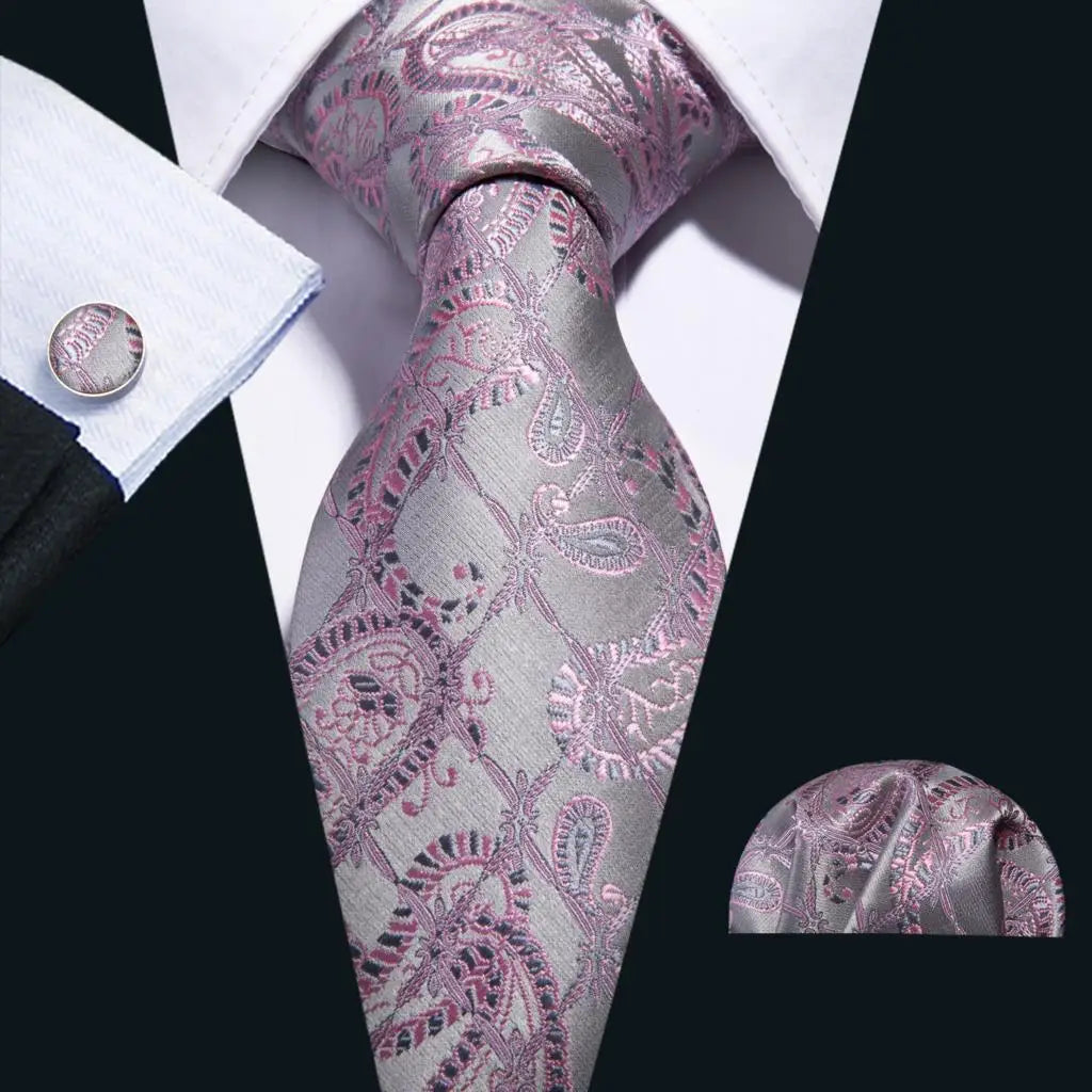 Pink Jacquard Peach Silk Pocket Square Cufflinks Set Necktie