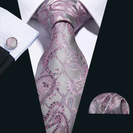 Pink Jacquard Peach Silk Pocket Square Cufflinks Set Necktie