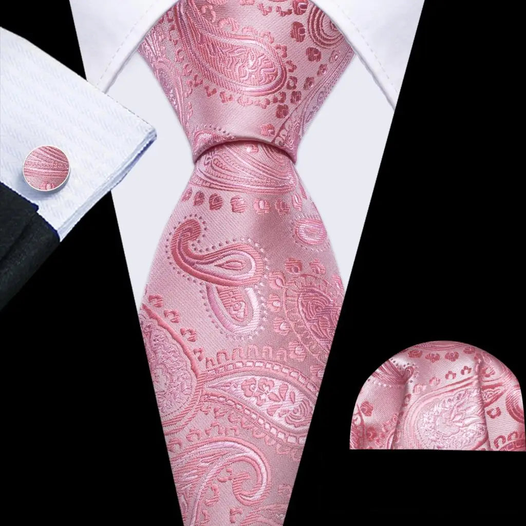 Pink Jacquard Peach Silk Pocket Square Cufflinks Set Necktie