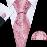 Pink Jacquard Peach Silk Pocket Square Cufflinks Set Necktie