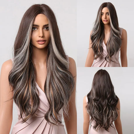 Gray Pink Long Wavy Synthetic Heat Resistant Wig