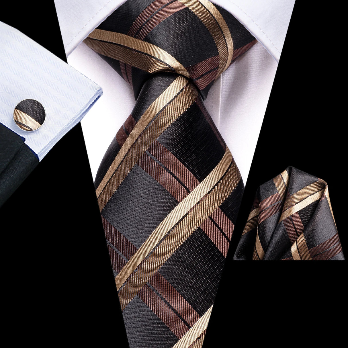 Plaid Black Brown Silk Wedding Men Tie