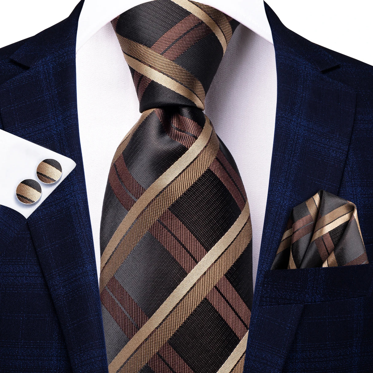 brown diamond pattern necktie set