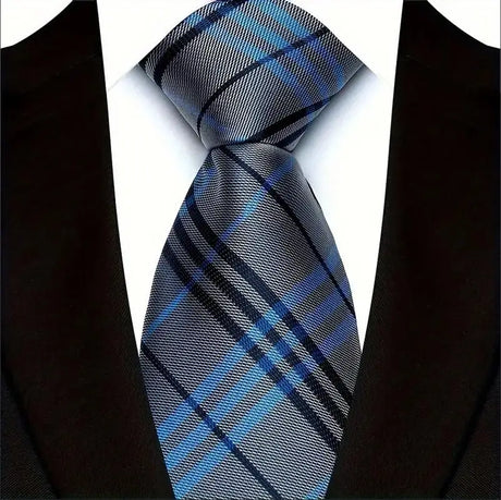 Gray Plaid & Checks Stripes Woven Jacquard Necktie
