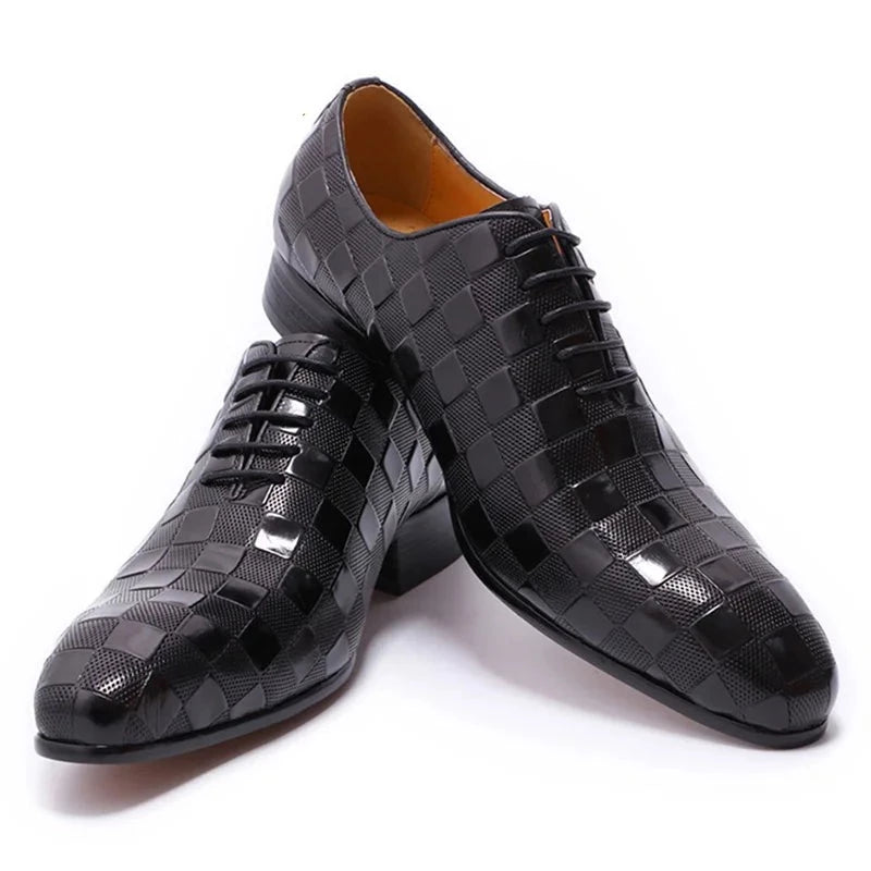 Black Plaid Print Leather Oxford Men Shoes