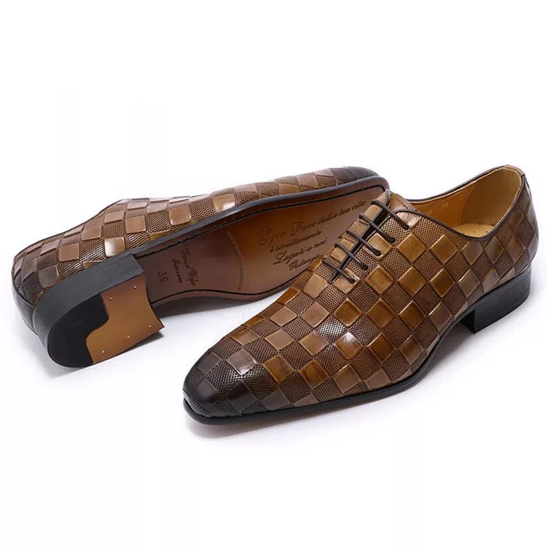 Brown Plaid Print Leather Oxford Men Shoes 