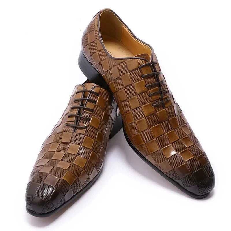 Plaid Print Leather Oxford Men Shoes