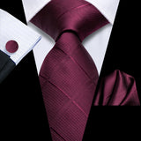 Wine Red Plum Color Plaids Handkerchief Cufflinks Necktie