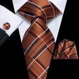 Brown Plum Color Plaids Handkerchief Cufflinks Necktie
